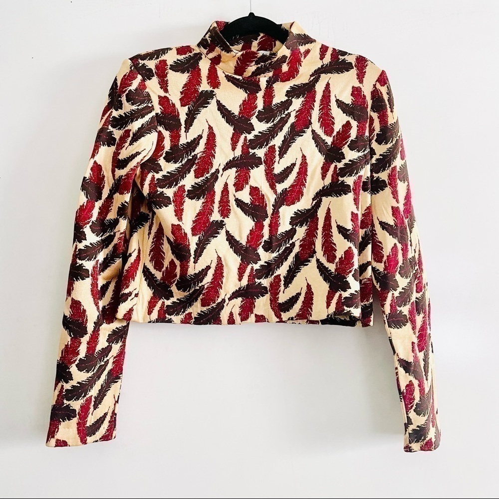 St. John Collection Marie Gray Top S Long Sleeve Crop Mockneck Feather Metallic